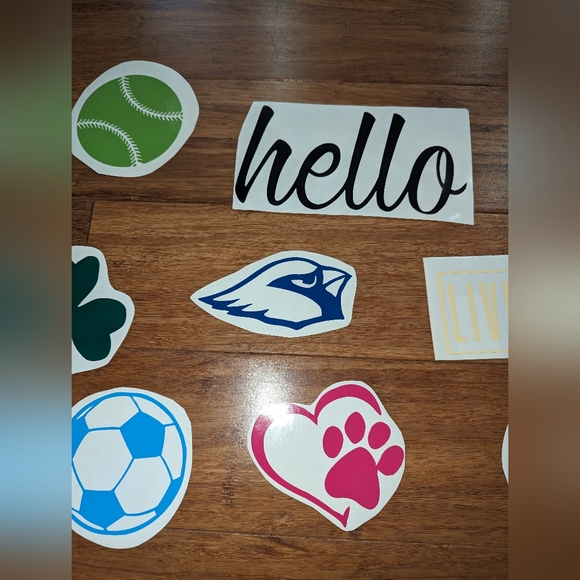 11 Assorted vinyl decals. Sports. Pets. Hello. Dinosaurs. #1. - Picture 3 of 6